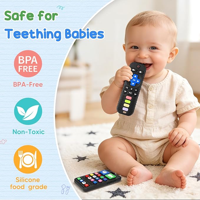 2 Pack Baby Teething Toys for 3-6 6-18 Months, Silicone Phone & TV Remote Control Shape Teether Toys, Newborn Teething Relief Sensory Chew Toys, Baby Shower Gifts for Infant Boys Girls 6-12 Months