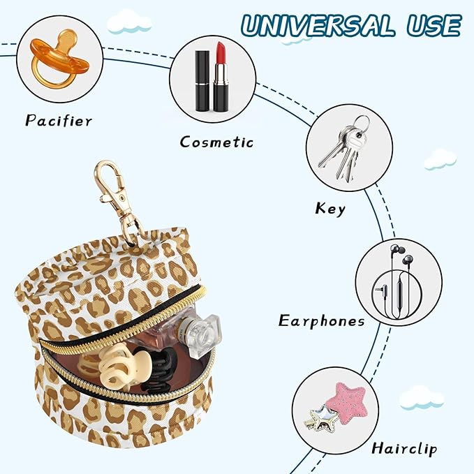 Leopard Print Pacifier Holder Case for Diaper Bag Portable Travel Pacifier Storage Case with Clip Newborn Baby Pouch for Baby Boys Girls Purse Outdoor