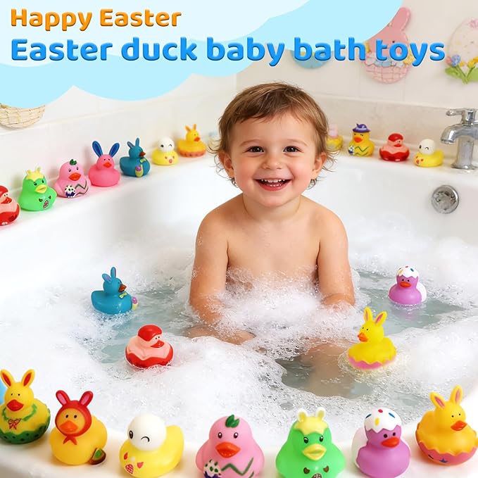 50Pcs Easter Rubber Ducks, Mini 2.1 Inch Bunny Rubber Duckies Bath Toys for Kids, Assorted Float Duck Bulk for Fun Bathtub Duck Toys Easter Ducks for Cruise and Easter Basket Stuffers and Party Favors