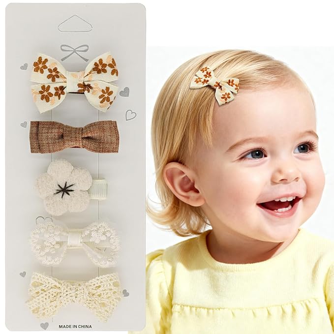 Neutral Baby Hair Clips Set – Floral, Lace & Crochet Toddler Hair Clips, Soft Fabric Wrapped Duckbill Clips (5-Pack Gentle Everyday Style)