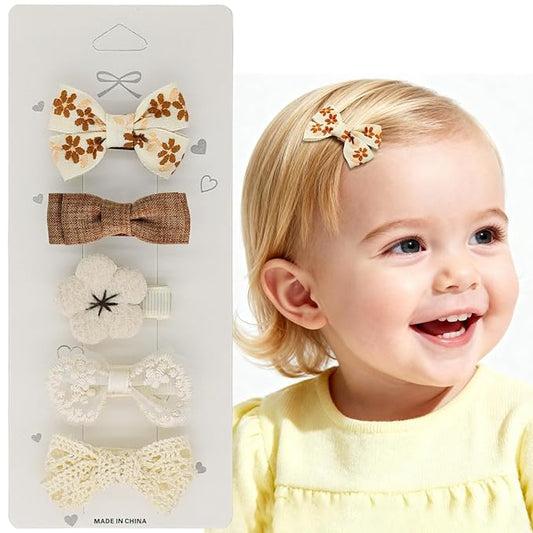 Neutral Baby Hair Clips Set – Floral, Lace & Crochet Toddler Hair Clips, Soft Fabric Wrapped Duckbill Clips (5-Pack Gentle Everyday Style)