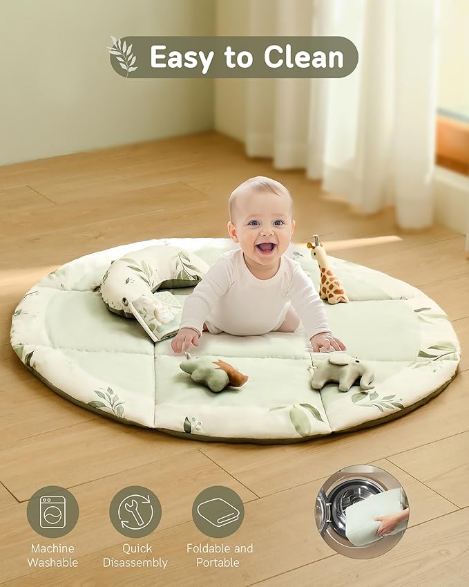 Fortella Baby Play Gym & Activity Mat, Machine Washable & Foldable Tummy Time Mat with 5 Detachable Toys, Certified Safe Newborn Essentials Gift for Baby Registry 0-12 Months (Sage Green)