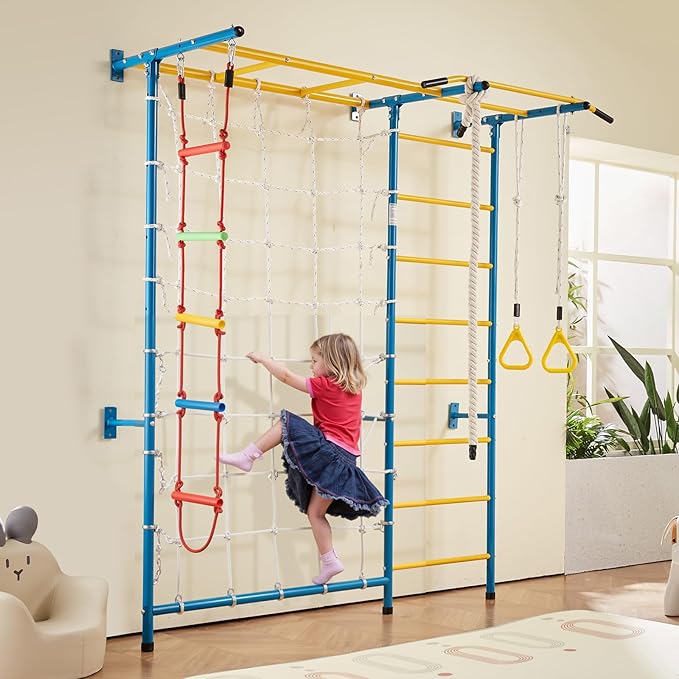 VEVOR Indoor Jungle Gym for Toddlers, 7-in-1 Climbing Playset with Carbon Steel Swedish Ladder, Wall Ladder, Pull-Up Bar, Rope Ladder, and Gymnastic Rings, Supports 220 lbs, Multicolor