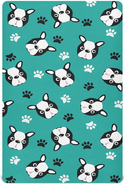 Boston Terrier Puppy Head Fitted Crib Sheets Stretchy Portable Playard Sheets for Baby Toddler, Breathable Soft Mini Crib Mattress 52 x 28 in for Boys and Girls