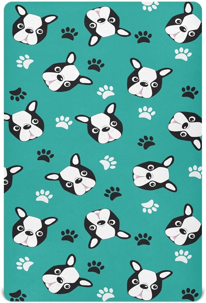 Fitted Crib Sheets Boston Terrier Puppy Head Stretchy Portable Playard Sheets for Baby Toddler, Breathable Soft Mini Crib Mattress 39 x 27 in for Boys and Girls