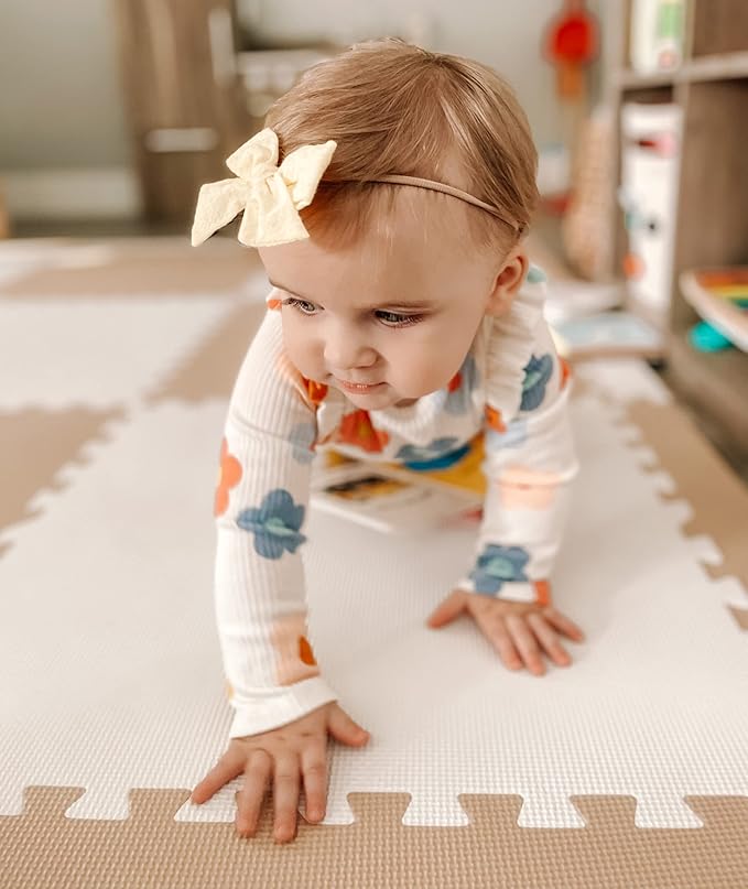 Extra Thick Baby Play Mat Tiles Non-Toxic Foam Floor Puzzle Mat Extra Large Interlocking Activity Playmat for Infants Toddlers Kids Crawling Tummy Time 74x74 Inches (Beige/White)