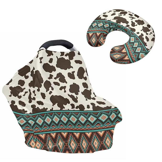 Cow Print Carseat Canopy Set Aztec Breathable Breastfeeding Covers Multi-use Breastfeeding Pillow Cover Newborn Registry & Shower Gift for Baby