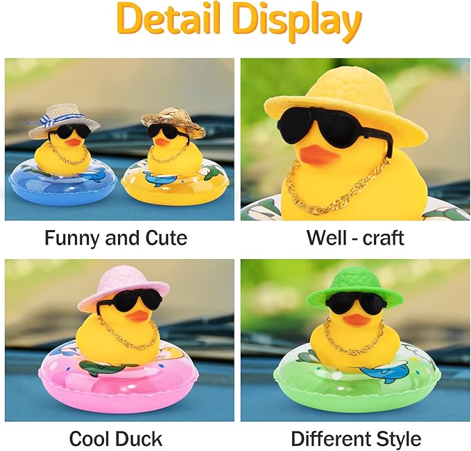 wonuu Car Rubber Duck, Yellow Duck Decoration Dashboard with Sun Hat Swim Ring Necklace Sunglasses for Car Dashboard Decorations (Blue Sun Hat-Blue Dolphin)