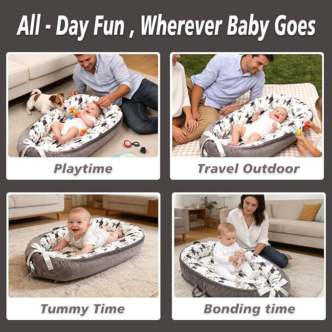 Baby Lounger-Breathable and Soft Organic 100% Cotton, Portable Infant Lounger with Removable Lounger Cover, Baby Nest Lounger for Newborn - Grey Panda