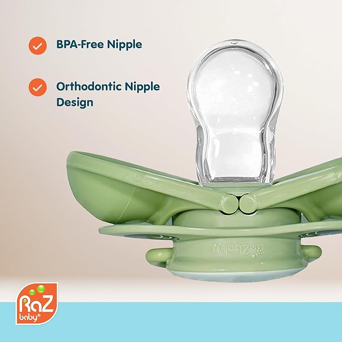 RaZbaby Keep-It-Kleen Baby Pacifier 2-Pack Closes When Dropped - BPA-Free Silicone Orthodontic Nipple, Ideal for Travel, Nipple Stays Clean, 0-36 Months - Dragon/Puppy - Personalized