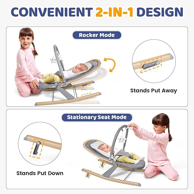 Orzbow Baby Rocker Chair & Infant to Toddler Rocker with 3 Recline Positions, Includes Removable Play Bar & Mesh Cushion, Detachable and Foldable, Fits Newborn 0-30 Months Up to 40 lbs, Wood Grain