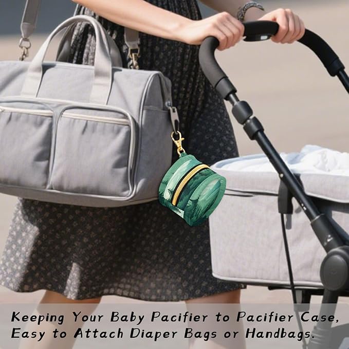 Pacifier Holder with Clip Pacifier Case for Diaper Bag Round Baby Pacifier Pouch Box Bag Portable Mountain Forest Trees Green 02