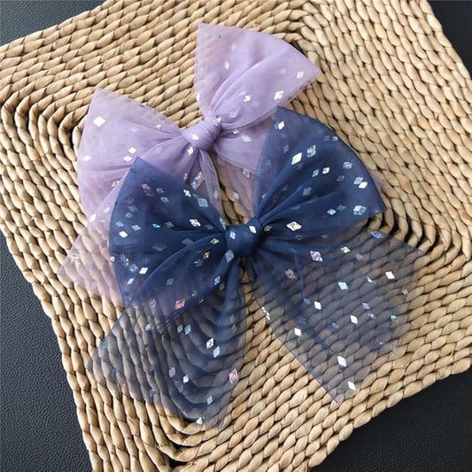 Large Tulle Hair Clips for Baby Girls and Women - Lace Bow Cottagecore Lightweight Gauze Barrettes Accessories (Fresco and Navy Foil)