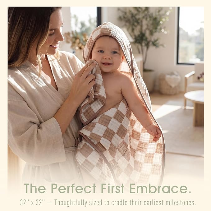 4-Pc Ultra-Soft Muslin Baby Towel Set - Bath & Beach, (Coffee Checkered, 32“x32)