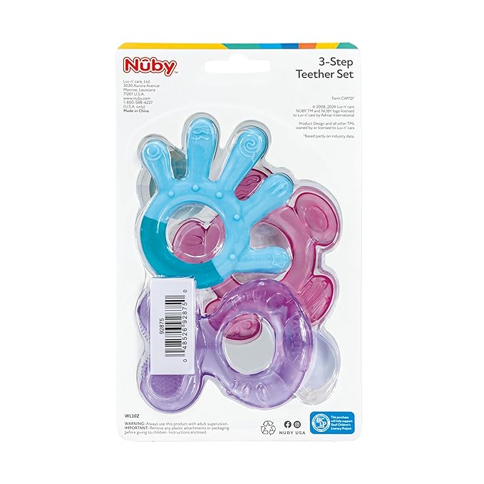 Nuby 3 Step Soothing Teether 3 Piece Set- Front, Middle, Back Teeth Teething- Pink/Purple, 3 m+