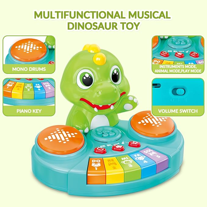 Dinosaur Baby Piano Toy with Animal Sounds, Light Up Educational Keyboard, Interactive Musical Toys for Babies 6-12 Months and Toddlers
