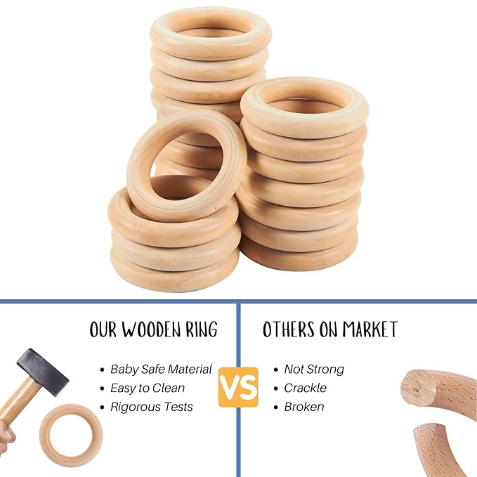 Baby Teething Toys, Silicone Chewable Toys with Organic Wooden Ring for Infants 3+ Months, Silicone Teething Toys for Soothing Sore Gums, Sucking Needs (6 Directions, Khaki)