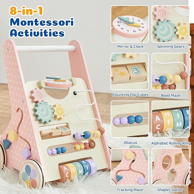 Pink Baby Push Walker for Girls 10+ Months, Wooden Baby Walker Push Toy with Storage, Learning to Walk, Montessori Walker Toy with Wheels, Toddler Activity Center for 12-18 Months