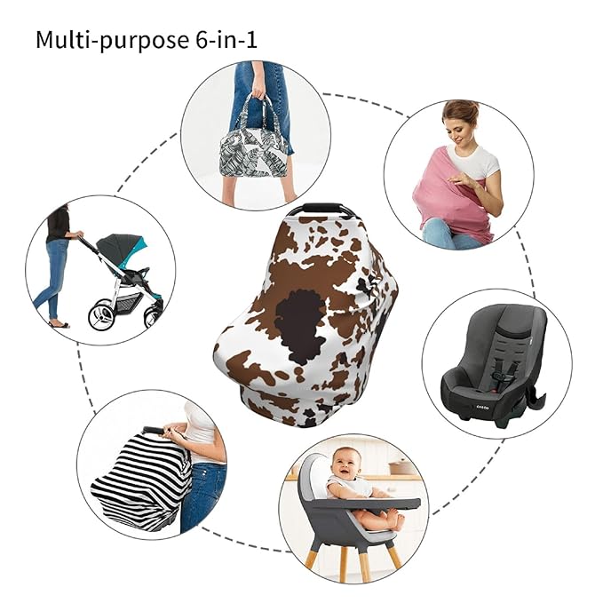 Brown Cow Print Baby Car Seat Covers, Cow Print Western Baby Stuff Multi-use Carseat Canopy for Boys and Girls Stretchy Infant Carseat Cover Shower Gifts