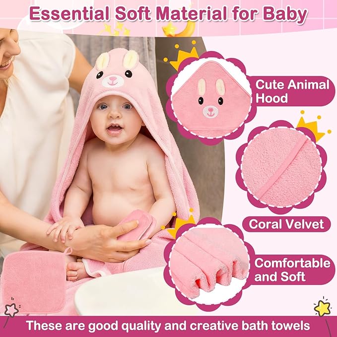 Sublaga 5 Pcs Baby Towels Set, 32x32 in Hooded Bath Towel, 3 Pcs Baby Washcloths and Muslin Baby Bibs for Newborns, Toddlers, and Kids, Baby Towels and Washcloths Set for Boys and Girls (Pink Rabbit)
