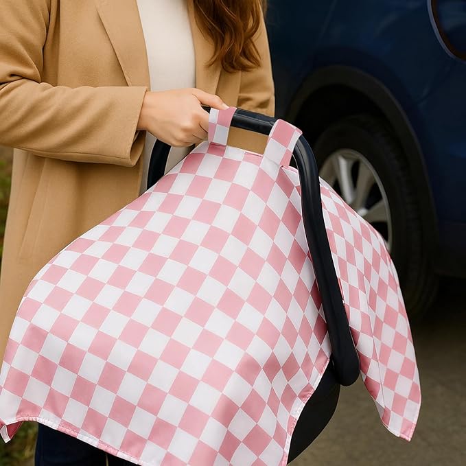 Muslin Car Seat Cover for Babies - Pink & White Plaid Infant Carrier Canopy, Soft & Breathable Baby Carseat Cover, Lightweight Sunshade for Summer, Universal Fit for Boys & Girls