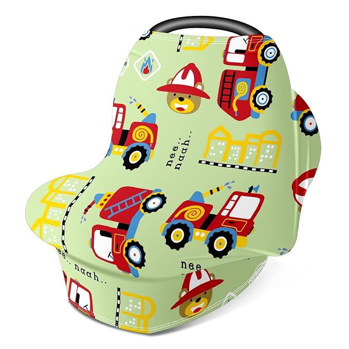 Baby Car Seat Stroller Covers Cartoon Fire Fighting Truck Nursing Cover Breastfeeding Scarf Soft Breathable Stretchy Coverage Carseat Canopy Cover for Boys and Girls Soft Breathable Multi Use
