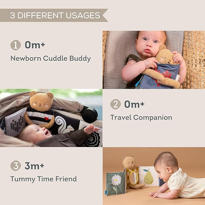 Taf Toys Black & White Sensory Newborn Book, High Contrast Side for Infant Brain Development, Vibrant Colors & Baby Mirror, Plush Bear for Tummy Time Books 0-6 Months - Baby Gifts for Boys Girls