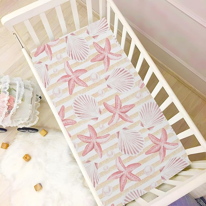 Fitted Crib Sheets Vintage Seashells and Starfish Stretchy Portable Playard Sheets for Baby Toddler, Breathable Soft Mini Crib Mattress 39 x 27 in for Boys and Girls