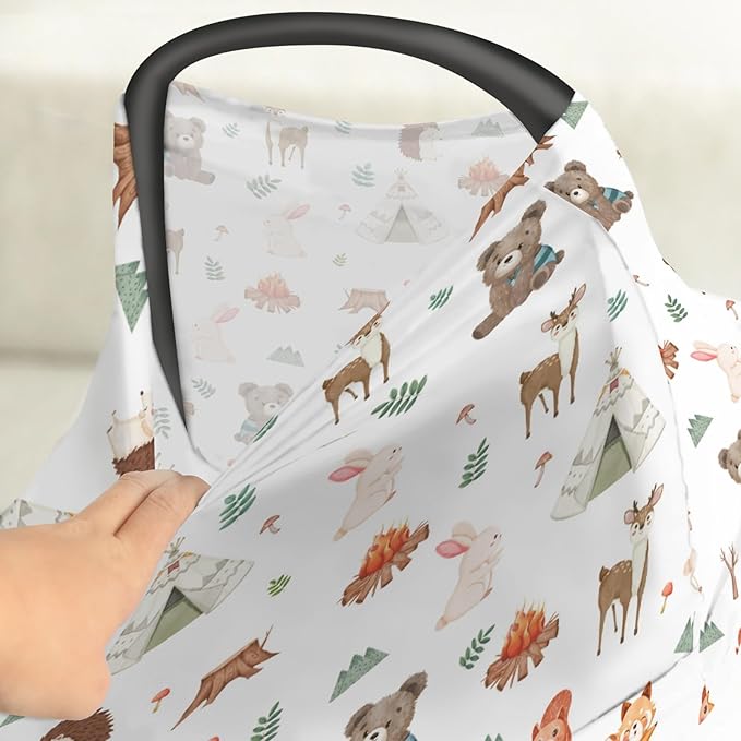 Camping Animals Car Seat Cover for Baby Bear Deer Raccoon Squirrel Bunny Hedgehog Owl Stretchy 5-in-1 Cover Adjustable Car Canopy Breastfeeding Cover Wildlife Breathable Nursing Cover-Up