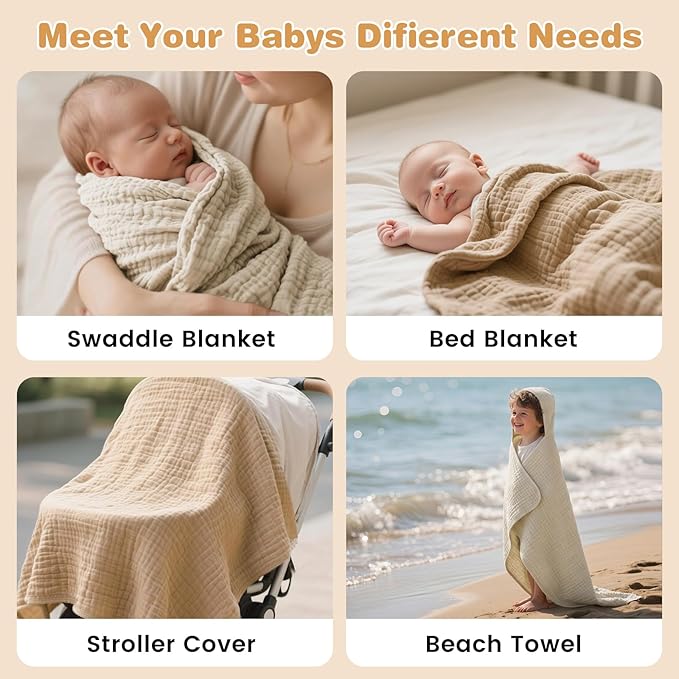 Hooded Baby Bath Towels for Newborn, 2 Pack - 6-Layer 100% Muslin Cotton, Soft Absorbent Baby Towels with Hood for Babies, Infants & Toddlers, Large 32x32 Inch Unisex Newborn Baby Bath Essentials
