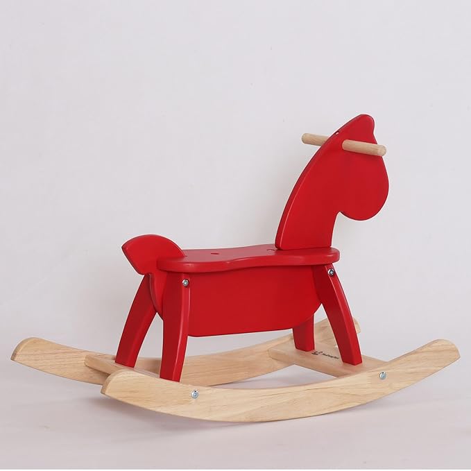 Red Wooden Rocking Horse Funny for Toddlers (Ages 2-4) - Solid Rubber Wood, Smooth Surface for Creative Decoration, Minimalist Rocking Horse, Vintage