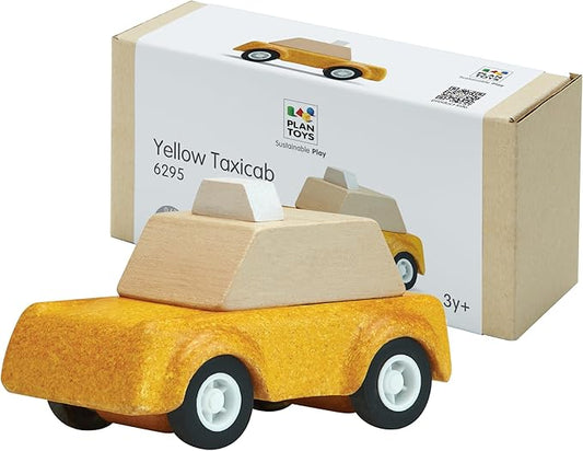 PlanToys® Yellow Taxicab Wooden Montessori Vehicle Toy | Early Movement, Imagination and Practical Life Exploration | Eco Friendly Taxi for Indoor and Outdoor Play
