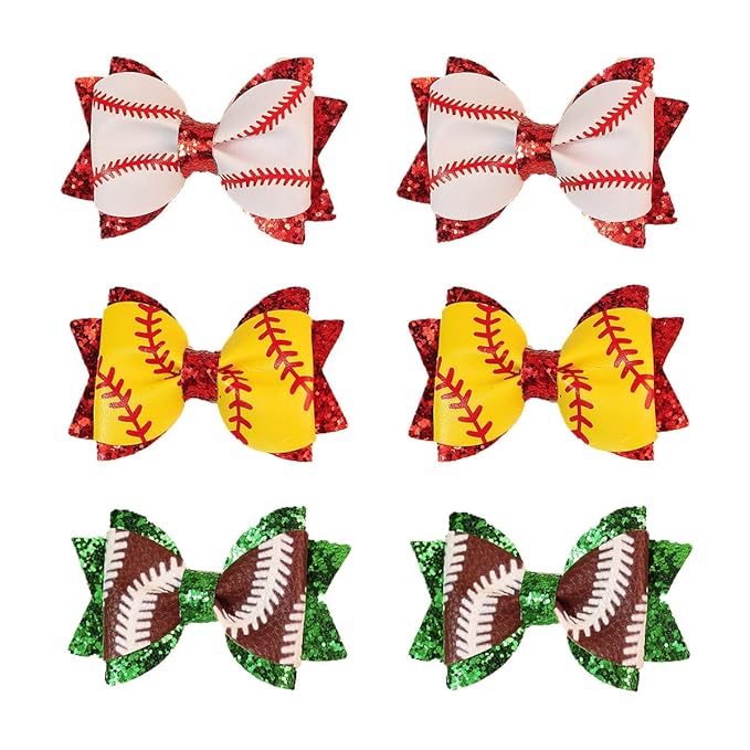 Baby Girl Hair Bow Clips Sports Hair Bow Clips, Baseball Softball Football, Faux Leather Glitter Sequin, 6 Pack, Girls Cheerleading Game Day Accessories for Little GirlsToddler Kids Teens
