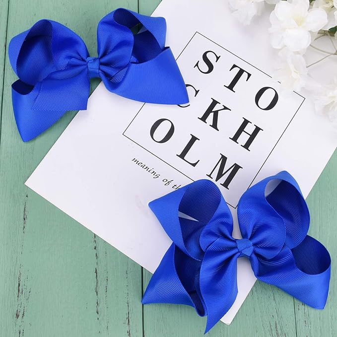 DEEKA 2 PCS 6" Big Hand-made Grosgrain Ribbon Solid Color Hair Bows Alligator Clips Hair Accessories for Little Teen Toddler Girls Kids Set of 2 -Royal Blue