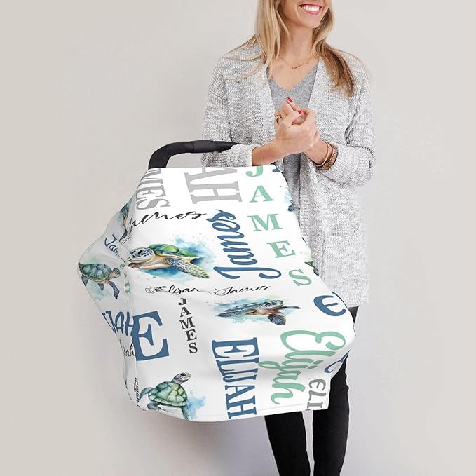 Personalized Baby Car Seat Cover with Name Stroller Canopy Custom Sea Turtle Carseat Cover Newborn Baby Boy Girl Nursing Cover for Moms First Birthday Gift