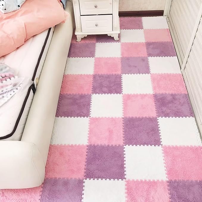12pcs Plush Puzzle Foam Floor Mat, Cute Soft Fluffy Interlocking Square Foam Tiles Area Rugs Carpet for Parlor Bedroom Decoration(11.8x11.8x0.4in, Pink&White&Light Purple)