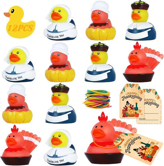12 PCS Rubber Ducks Bulk Set with 12 Thank You Cards & Bands, Mini Rubber Ducks, Multi-Use Bath Toys and Party Favors for Kids, Ideal for Children