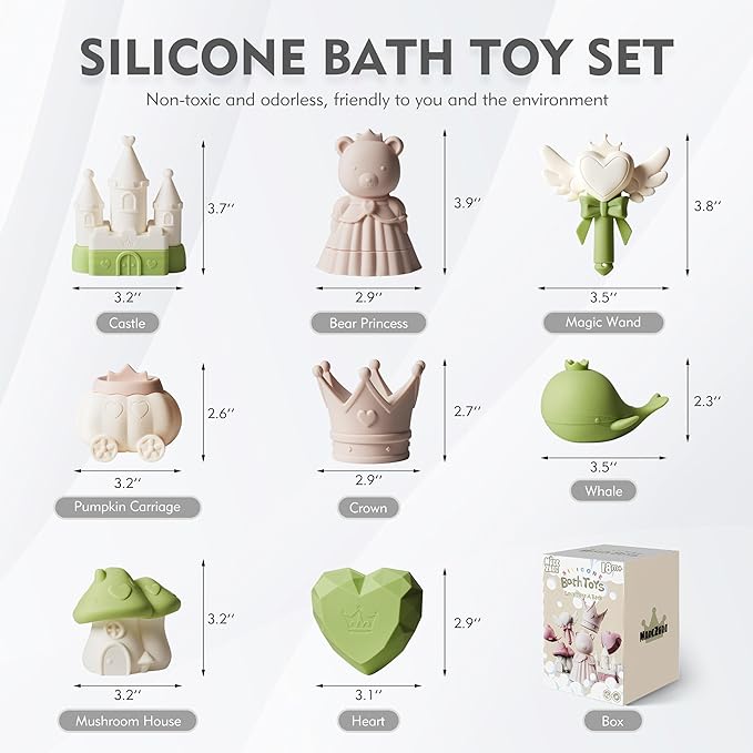 MarcZero Princess Silicone Bath Toys 8Pcs for Toddlers Kids Babies,Bathtub Water Toys,Soft Squeezable Easy-Grip Pool Toys Set (Green)