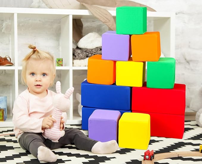 Toddler Foam Buliding Blocks - 12 Piece Fabric Covered in 2 Sizes Stacking Block Sets - Colourful Soft Play Set for Kids Idea for Building and Throwing Fun-Blue