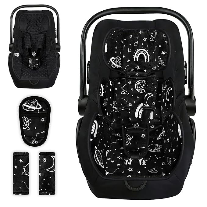 Infant Car Seat Insert with 3 Straps Covers, Ultra-Thick Baby Car Seat Head Support for Side Impact Protection, Minky Dot Baby Car Seat Cushion, Universal Black Carseat Head Support for Newborn