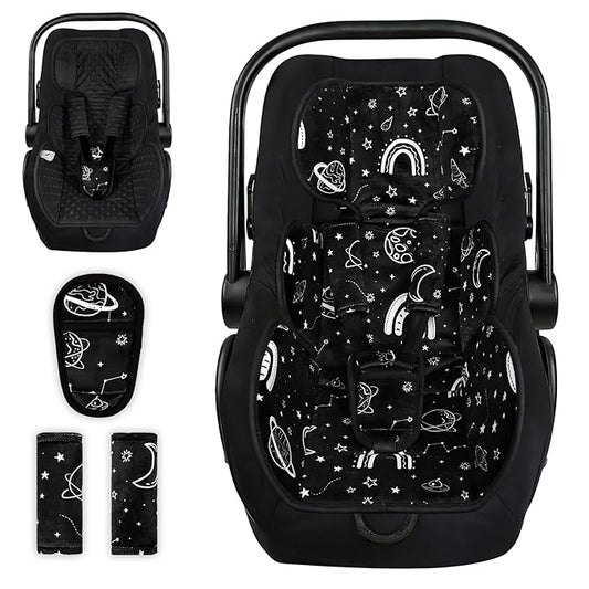 Infant Car Seat Insert with 3 Straps Covers, Ultra-Thick Baby Car Seat Head Support for Side Impact Protection, Minky Dot Baby Car Seat Cushion, Universal Black Carseat Head Support for Newborn