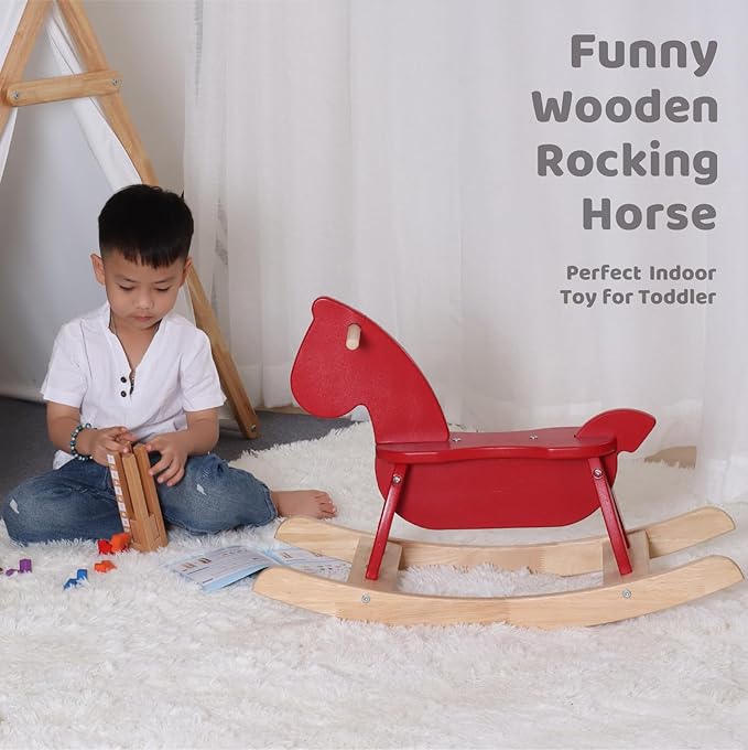 Red Wooden Rocking Horse Funny for Toddlers (Ages 2-4) - Solid Rubber Wood, Smooth Surface for Creative Decoration, Minimalist Rocking Horse, Vintage