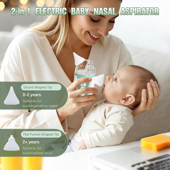 Smart Baby Nasal Aspirator, 2-in-1 Electric Nose Sucker for Toddlers with Spray, 5-Level Suction, Soothing Music, 2 Silicone Tips, USB-C Charge, Storage Case | Nasal Aspirator for Baby (Olive Green)