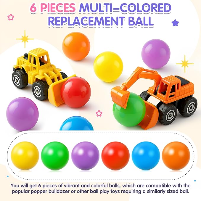 Civaner 6 Pieces Multi Colored Plastic Replacement Balls Small Bulldozer Popper Toy Balls 1.75 Inch Soft Crush Proof Air Filled Ocean Ball for Toddlers (Vibrant)