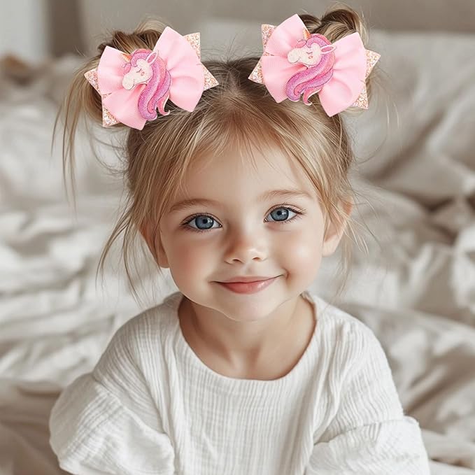 Glitter Unicorn Hair Bows for Girls - 2PCS Sparkly Pink Unicorn Bow, Cute Alligator Hair Clips Barrettes Hair Accessories for Toddler Kids Birthday Party, Princess Costume Gift