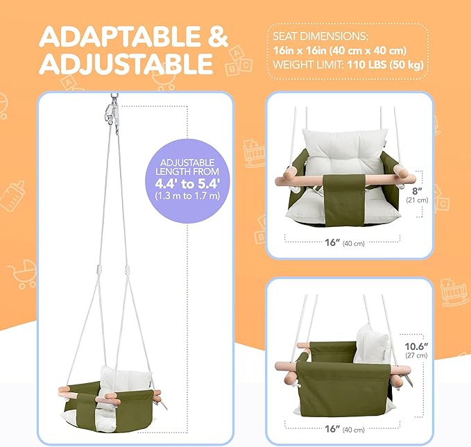 CaTeam - Canvas Baby Swing, Wooden Hanging Swing Seat Chair with Safety Belt, Durable Baby Swing Chair, Outdoor and Indoor Swing for Kids, Mounting Hardware Included, Green