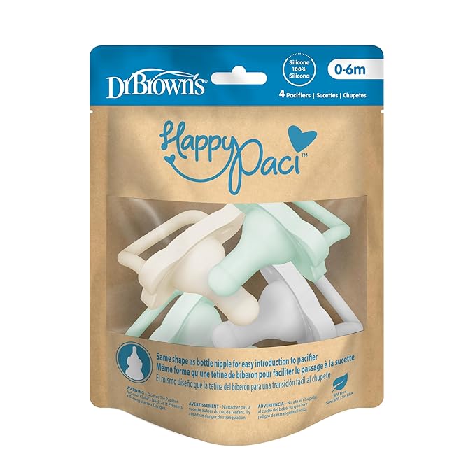 Dr. Brown's HappyPaci 100% Silicone Baby Pacifier, Contoured One-Piece Design, Gray, Green, Ecru, 0-6m, BPA-Free, 4-Pack