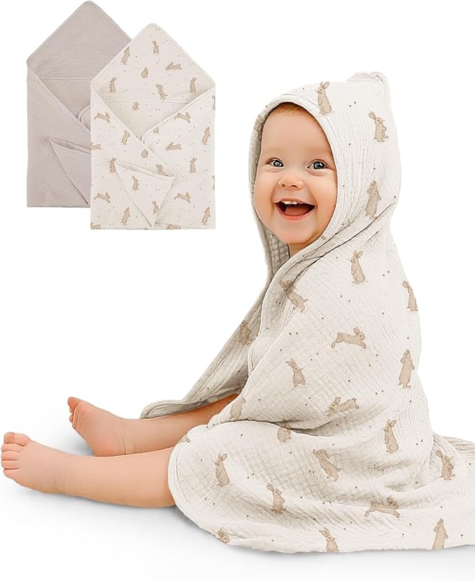 Hooded Baby Towels 2 Pack, Muslin Baby Bath Towels with Hood for Newborn Infant and Toddler, Soft Breathable & Absorbent, 32" x 32" (Hopping Bunnies & Beige, Heavyweight)