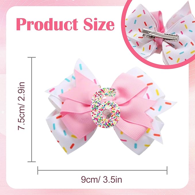 2 Pack 6th Birthday Hair Bow for Girls, Pink Hair Clips Hair Accessories for Girls 1 2 3 4 5 6 Years Birthday Confetti Ice Cream Party Supplies Decorations
