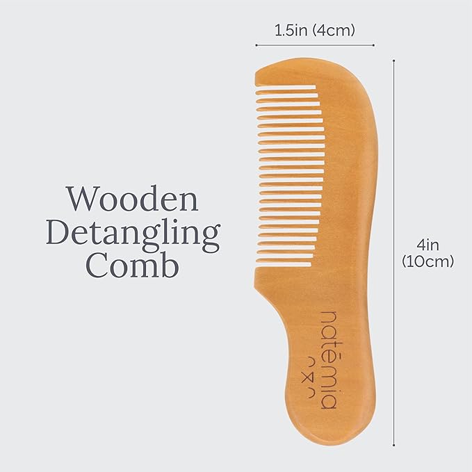Natemia Wooden Baby Hair Brush & Comb Set - Natural Goat Hair Bristles & Soft Bristle Brush - Gentle Scalp Massage & Cradle Cap Comb - For Newborns & Toddlers, Baby Grooming Kit